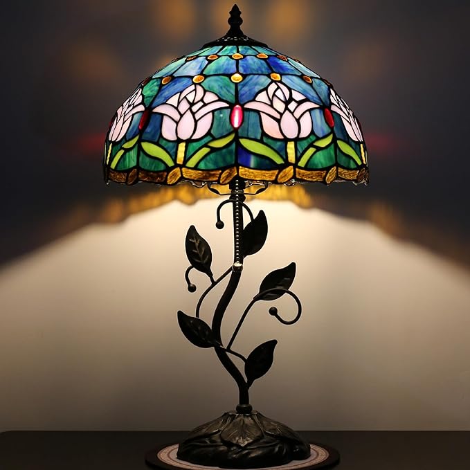 Tiffany Lamp Stained Glass Style Table Lamp Pink Tulips Style Bedside Desk Reading Light W12H19 Inch Metal Leaf Base with Metal Leaf Base