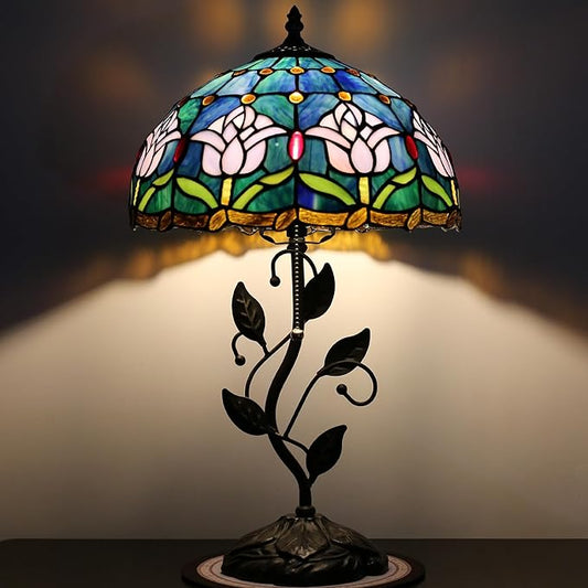 Tiffany Lamp Stained Glass Style Table Lamp Pink Tulips Style Bedside Desk Reading Light W12H19 Inch Metal Leaf Base with Metal Leaf Base