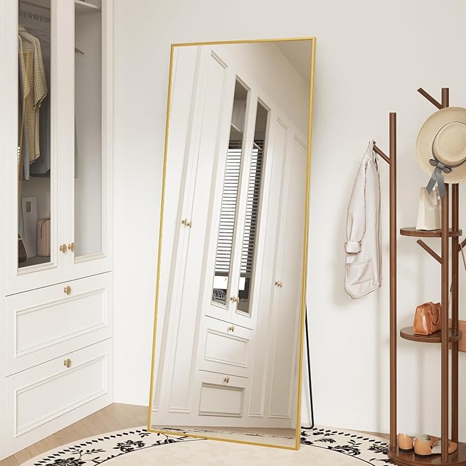Sweetcrispy 56"x21" Full Length Mirror, Full Body Mirror with Aluminum Alloy Thin Frame, Leaning or Standing, Suitable for Bedroom, Livingroom, Cloakroom, Gold