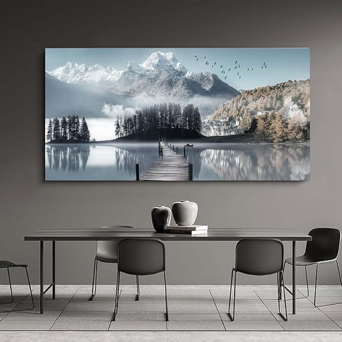 Bamdeya Large Lake Wall Art Mountain Picture Landscape Wall Decor Living Room Nature Canvas Painting Tree Print Scenery Poster Office Artwork for Bedroom Wall Art Home Decoration