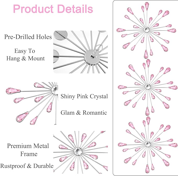 DXYAKY Set of 3 Pink Metal Starburst Wall Art Decor, Rhinestone Crystal Home Decor Accents, 11.8 Inch Decorative Wall Hanging Diamond, Jeweled Sparkle Wall Sculptures for Living Room Bedroom