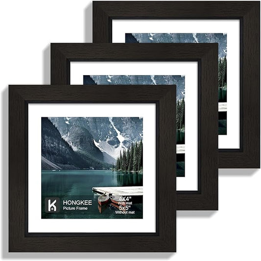 Hongkee 5x5 Picture Frame with Real Glass - Display Pictures 4x4 with Mat or 5 x 5 without Mat, Photo Frame for Wall or Table Top Display(Black, 3 Pack)