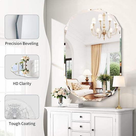 GLASHOM Frameless Bathroom Mirror, 30x48 inch Beveled Bathroom Mirror Wall Mounted, Modern Frameless Mirror for Bathroom, Living Room, Entryway Mirror Horizontal or Vertical