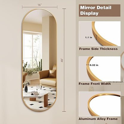 Niccy 48"×16" Oval Full Length Mirror, Long Oval Mirror with Unique Metal Frame Large Explosion-Proof Hanging Mirror for Living Room, Decorative Vanity Mirror for Bathroom, Bedroom, Gold