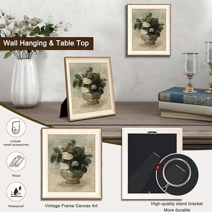 Uniro Vintage Floral Wall Art Framed, Neutral Flower Still Life Oil Painting, White Roses Canvas Prints Artwork with Antique Frame, Farmhouse Wall Decor for Bedroom, Kitchen, Shelf, Bathroom Wall Decor, Cottagecore Room Decor - 10x12Inch