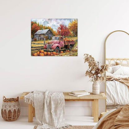 LB Fall Pumpkin Truck Wall Art Vintage Red Truck with Autumn Pumpkins in Farm Canvas Wall Art Farmhouse Harvest Wall Art Decor for Living Room Bedroom Bathroom Office Framed Ready to Hang 8L x 10W
