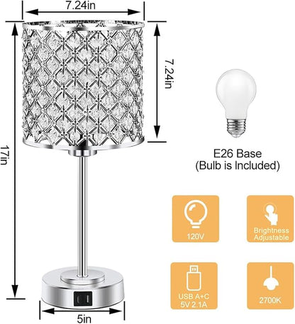 GyroVu Crystal Table Lamp for Bedroom Living Room, Touch Control Bedside Lamp with USB C+A Ports - Dimmable Nightstand Lamp Modern Light, Bulb Included