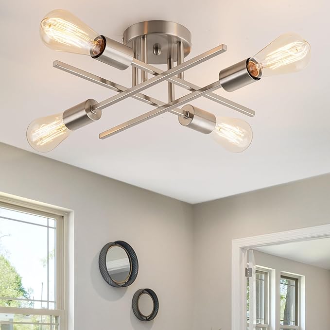 4-Light Modern Sputnik Chandeliers, Silver Mid Century Semi Flush Mount Ceiling Light Fixtures with E26 Base, Industrial Vintage Kitchen Farmhouse Light for Dining Room Bedroom Living Room