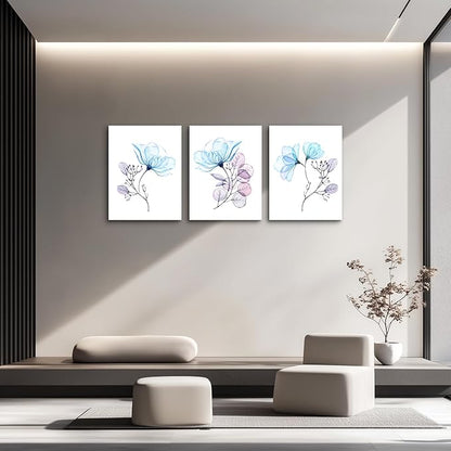 3 Piece Modern Blue Flowers Canvas Wall Art for Bedroom Living Room decor,Bathroom Wall Decor,3 Panels framed Wall Watercolor Painting Kitchen Home Decoration Canvas Print Artwork Wall Mural