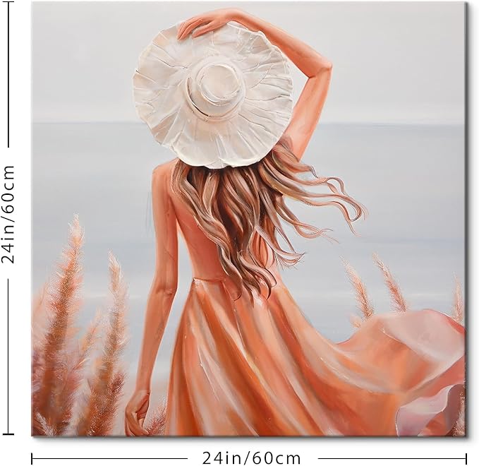 Poemwish Canvas Wall Art, Wall Art for Living Room, Woman in Pink Dress at Beach Bathroom Decor, White Hat Ocean View Scene, Coastal Decor with Reeds