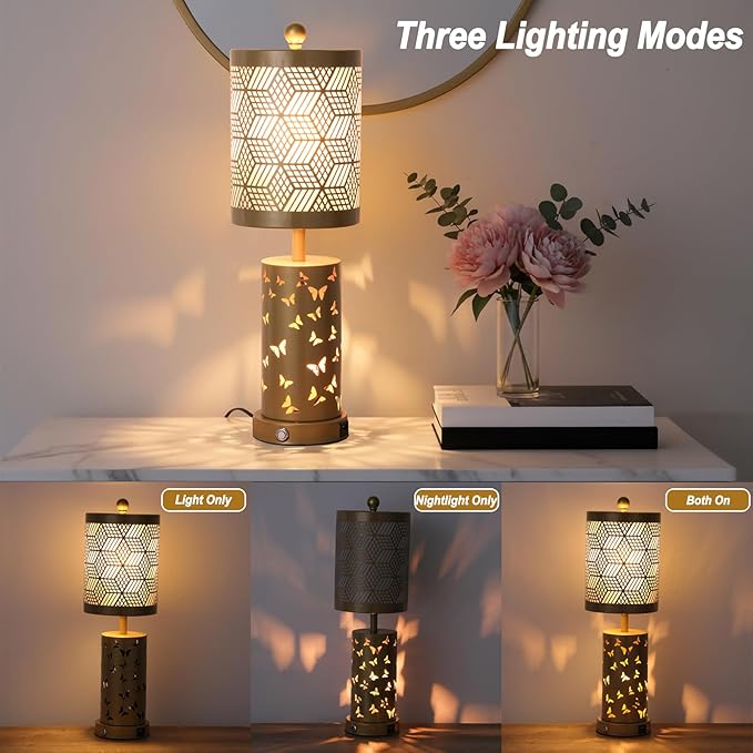 Warm White Butterfly Night Light - USB Cordless Table Lamp with Rotating Projection, Portable Bedside Light for Bedroom, Coffee Shop, Gifts for Women, Mom, Birthday (Gold Lamp)