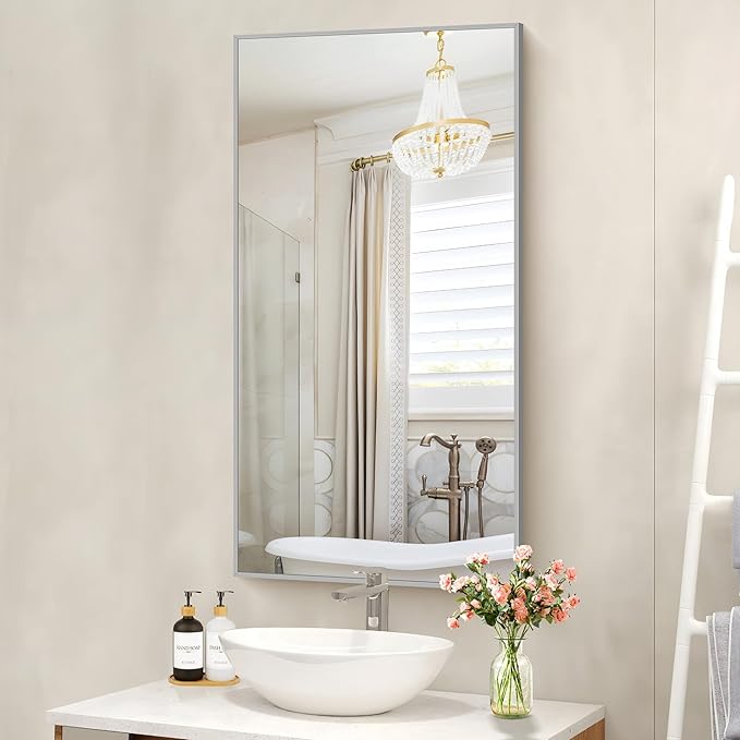 COFENY 48x24In Silver Bathroom Mirror for Wall, Brushed Nickel Rectangle Mirrors with Metal Frame, Bathroom Rectangular Mirror Modern Wall Mirror for Bedroom Living Room, Hangs Horizontal or Vertical