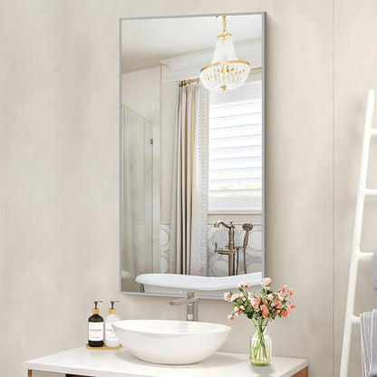 COFENY 48x24In Silver Bathroom Mirror for Wall, Brushed Nickel Rectangle Mirrors with Metal Frame, Bathroom Rectangular Mirror Modern Wall Mirror for Bedroom Living Room, Hangs Horizontal or Vertical