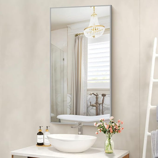 COFENY 48x24In Silver Bathroom Mirror for Wall, Brushed Nickel Rectangle Mirrors with Metal Frame, Bathroom Rectangular Mirror Modern Wall Mirror for Bedroom Living Room, Hangs Horizontal or Vertical