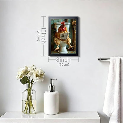 Funny Chicken Bathroom Wall Art, Framed Canvas Print, Rooster Sitting on Toilet Reading Newspaper with Glasses, Humorous Farm Animal Art Oil Painting for Bathroom Decor Restroom Home Decoration 8x10 Inch