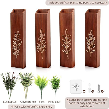 4-Pack Wooden Wall Vases, Slim Pine Wall Planters with 4 Faux Greenery Stems, Adhesive Hooks & Screws, Modern Farmhouse Wall Decor for Living Room, Bedroom, Bathroom (Dark Brown)