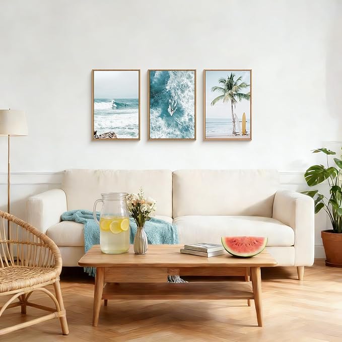 HLNIUC Blue Ocean Surfing Framed Canvas Wall Art,Large Seascape Tree Wall Decor,Nature Landscape Sea Wave Artwork Set of 3(16x24),Modern Coastal Scenic Prints for Living Room,Bedroom,Bathroom