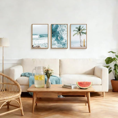 HLNIUC Blue Ocean Surfing Framed Canvas Wall Art,Large Seascape Tree Wall Decor,Nature Landscape Sea Wave Artwork Set of 3(24x36),Modern Coastal Scenic Prints for Living Room,Bedroom,Bathroom