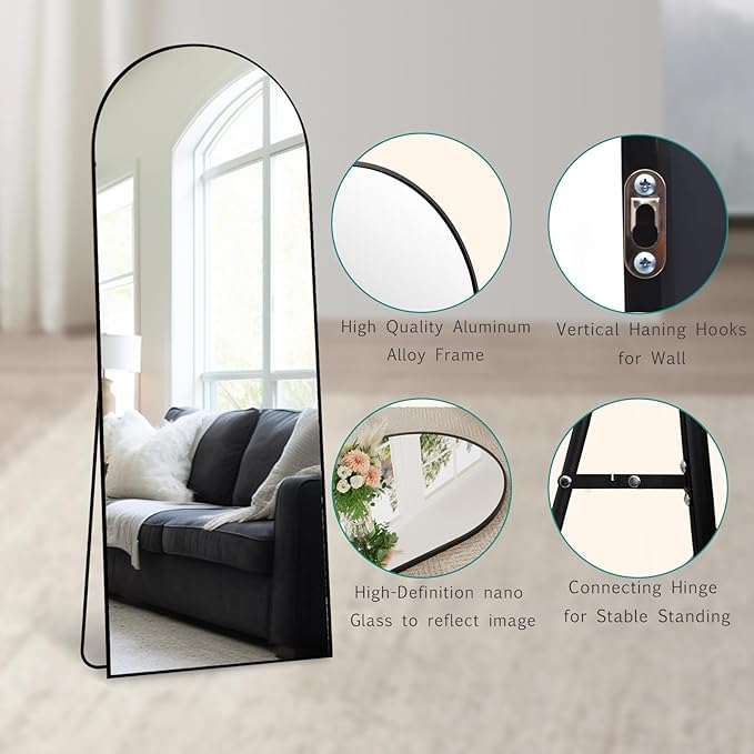 70''x26'' Full Length Mirror, Large Arched Floor Mirror with Stand, Oversized Wall Mirror, Full Body Mirrors Standing Leaning for Living Room, Bedroom (Black)