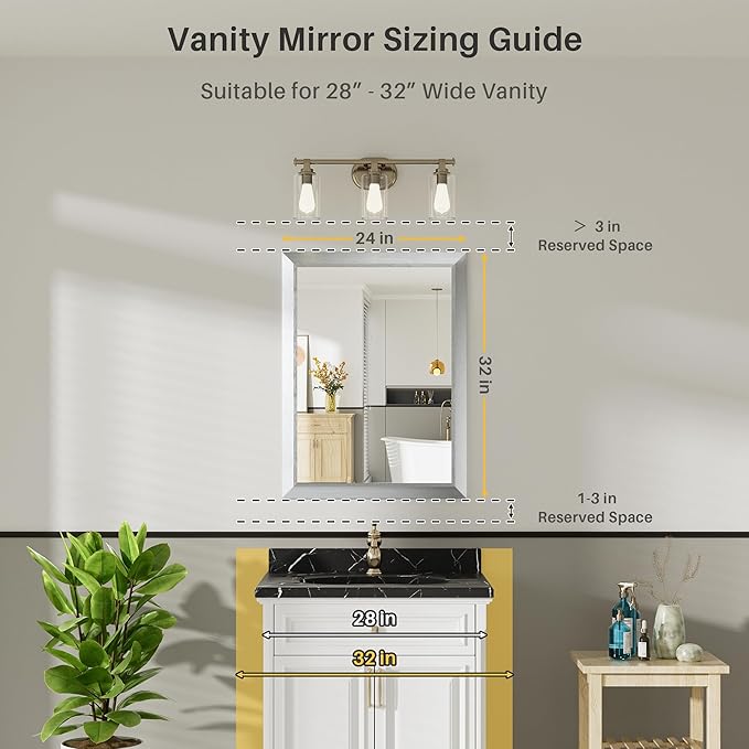 24x32 Inch Brushed Silver Bathroom Mirror for Wall, Thick Metal Framed Rectangle Mirrors for Over Sink, Bedroom, Living Room, Entryway, Anti-Rust, HD Tempered Glass