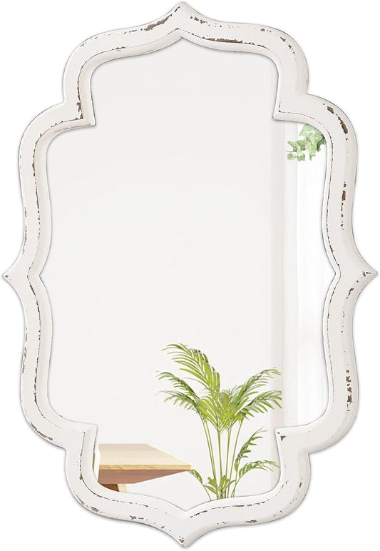 Rustic Scalloped Oval Mirrors for Bathroom 18 X 24 Inch, Hanging Distressed White Wooden Framed Vintage Mirrors for Wall Decor Living Room, Farmhouse Wavy Entryway Wall Mirror Decorative