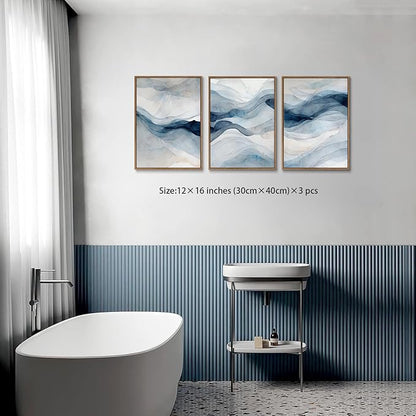 myusuar 3 Piece Large Abstract Framed Wall Art For Living Room, Smoke Texture Ink Navy Blue Canvas Wall Art Modern Minimalist Art Prints Wall Décor For Bedroom Office 12x16in