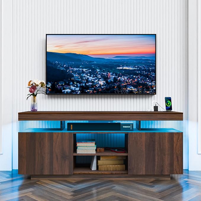 HOMMPA LED TV Stand for 55/50/43/40/32 Inch Modern Entertainment Center with Power Outlets, Gaming Consoles Storage, Media Table with LED Lights, Game Cabinet for Living Room Walnut