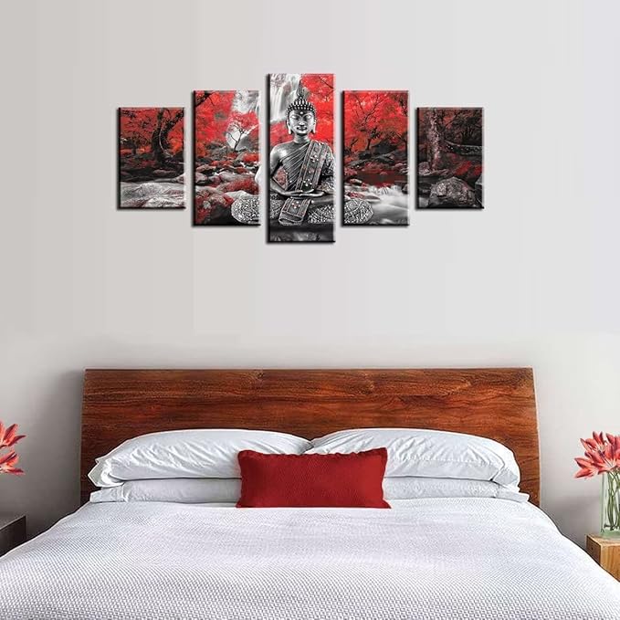 AWLXPHY Decor Buddha Wall Art Canvas Waterfall Painting Framed 5 Panels for Living Room Decoration Modern Landscape Buddha Trees Zen Wall Art Giclee (Red, 40"x20")