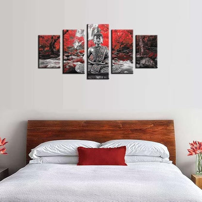 AWLXPHY Decor Buddha Wall Art Canvas Waterfall Painting Framed 5 Panels for Living Room Decoration Modern Landscape Buddha Trees Zen Wall Art Giclee (Red, 40"x20")