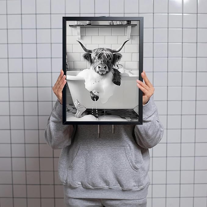 Highland Cow Bathroom Wall Art, Cute Black and White Animal Wall Decor Painting, Highland Cow in Bathtub Farmhouse Canvas Print Picture, Funny Bathroom Restroom Decor 12x16 Inch Wood Framed