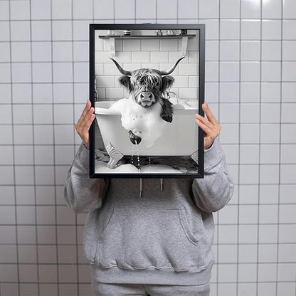 Highland Cow Bathroom Wall Art, Cute Black and White Animal Wall Decor Painting, Highland Cow in Bathtub Farmhouse Canvas Print Picture, Funny Bathroom Restroom Decor 12x16 Inch Wood Framed