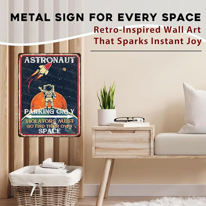Astronaut Parking Only Metal Sign Playroom Vintage Decor Sign for Planet Decoration 12x16inch