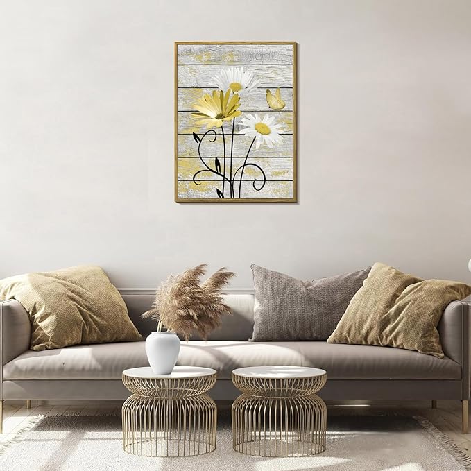 HVEST Yellow Floral Framed Wall Art for Bathroom, Rustic Daisy Butterfly on Rustic Wood Canvas Wall Art Nature Plant Flower Pictures for Bedroom Living Room Office Wall Decor, 17L X 12W inches