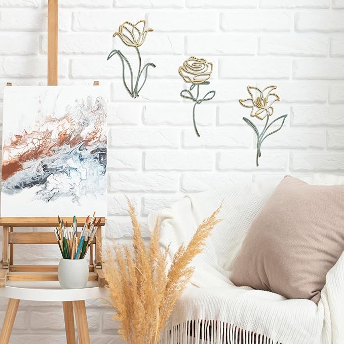 Oubasa Metal Flowers Wall Art Set of 3, Farmhouse Floral Home Decoration, Modern Line Art Flower Wall Decor for Living Room Bedroom Bathroom, Minimalist Botanical Wall Sculpture – Lily, Tulip, Rose