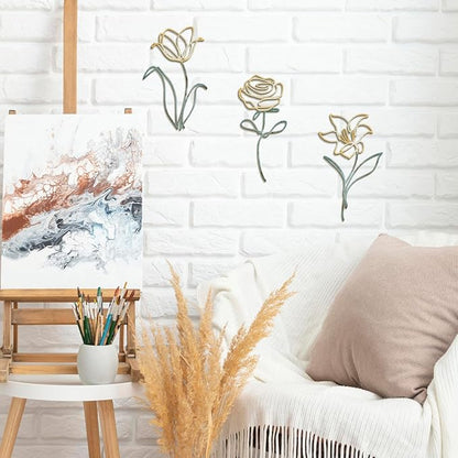 Oubasa Metal Flowers Wall Art Set of 3, Farmhouse Floral Home Decoration, Modern Line Art Flower Wall Decor for Living Room Bedroom Bathroom, Minimalist Botanical Wall Sculpture – Lily, Tulip, Rose