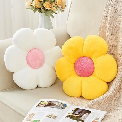 2 Pcs Flower Throw Pillow,15.7'' Daisy Flower Shaped Pillows Set with Faux Rabbit Fur,Soft Flower Plush Throw Pillow Cushions for Bed Sofa Couch Home Decor(White+Yellow)