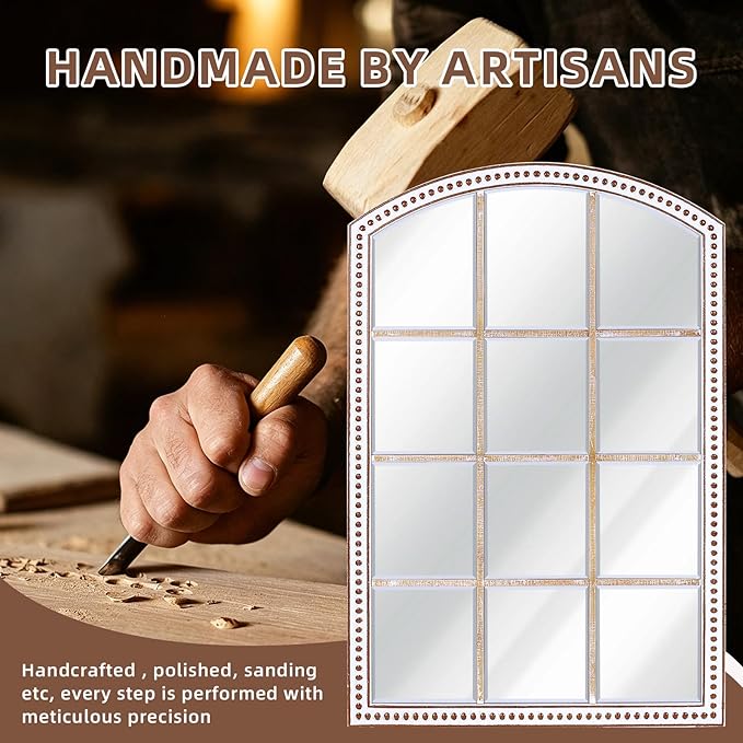 HOITUZYUS 42x28 Inch Farmhouse Arched Windowpane Wall Mirror, Rustic Decorative Mirrors for Living Room, Bedroom, Entryway, Hallway, Bathroom