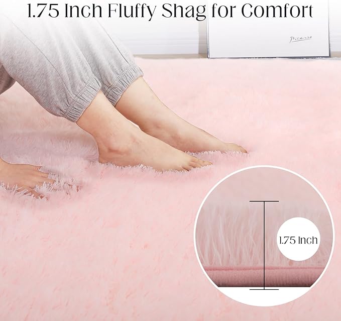 Puremy Fluffy Pink Area Rug, 4x6 Shag Rugs for Bedroom, Soft Plush Area Rugs for Living Room, Non-Slip Indoor Carpet for Nursery, Study Room, Playroom, Home Decor