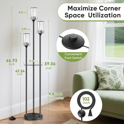 Crystal Floor Lamps for Living Room, Glass Modern Floor Lamp with Shelves, Mid Century Standing Lamps with Table, Brass Tall Lamp with Crystal Shade Vintage Retro Corner Floor Lamp (Black)