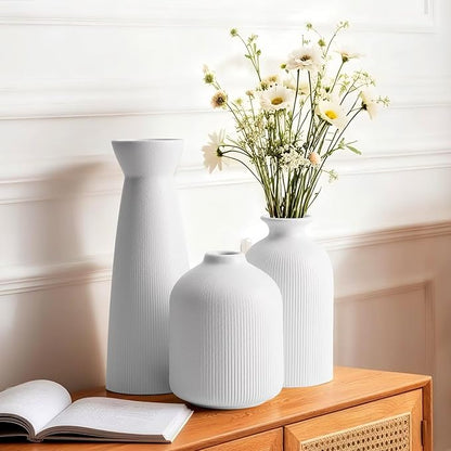 White Ceramic Flower Vases Set of 3, Valentine's Day Gift Vases with Vertical Stripe Texture, Modern Decorative Vases for Dried Flowers, Home Decor Vase for Living Room Bedroom Kitchen Shelf