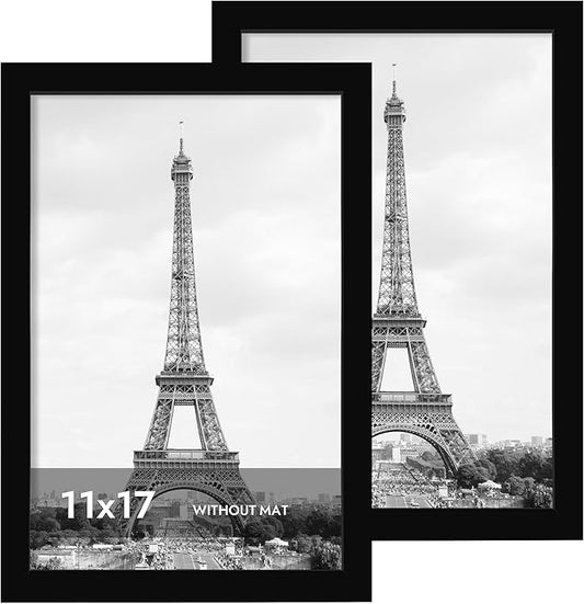 iRahmen 11x17 Picture Frame with Plexiglass - Wooden Poster Frame for Photo Wall Gallery Mounting (Pure Black, Set of 2)