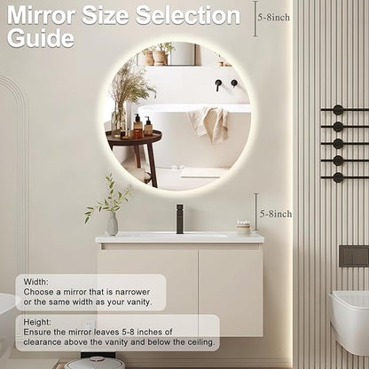 32 Inch Round LED Bathroom Mirror Backlit Anti-Fog Wall Mounted Lighted Bathroom Vanity Mirror 3 Colors Light Dimmable Smart Makeup Mirror with Touch Switch