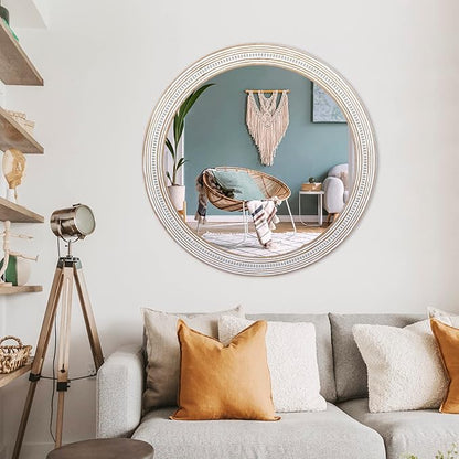 Reflinto 30 Inch Rustic Farmhouse Wooden Round Mirrors for Wall Decor, Boho Circle Decorative Mirror for Bathroom Over Sink, Living Room, Foyer, Entryway, Hallway
