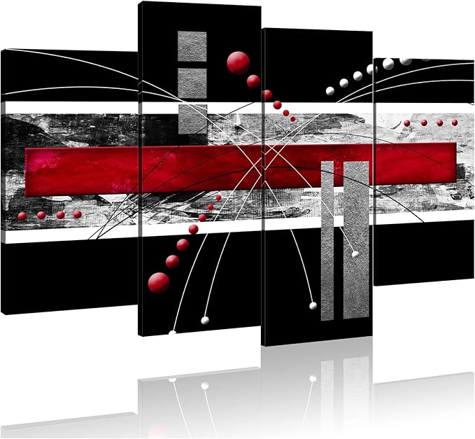 YPY Large Black Red Canvas Wall Art - 4 Panels Modern Abstract Picutre Set for Home Decoration - Contemporary Painting Artwork Ready to Hang Living Room Bedroom W64 x H46