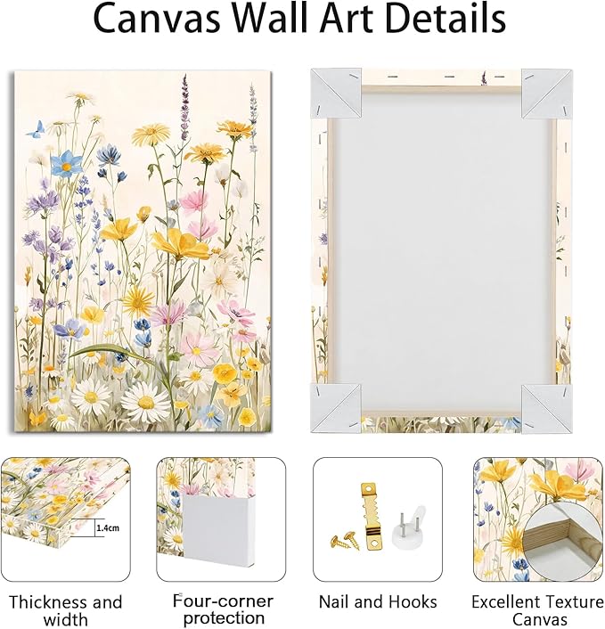 WENGTIAO 3Pcs Framed Colorful Wildflower Canvas Wall Art, Yellow Watercolors Flowers Wall Pictures Floral Canvas Prints Wall Decor Paintings for Living Room Girls Bedroom Ready to Hang 16"x24"x3
