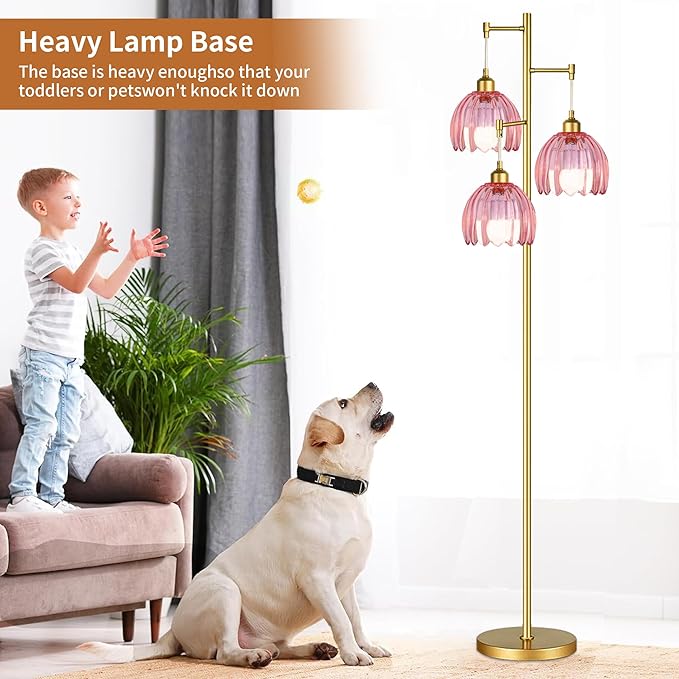 AHDWDW Gold Floor Lamp for Living Room Bedroom,3 Lights Vintage Tree Floor Lamps with Pink Glass Flower Shade,Mid Century Modern Floor Lamp for Corner Office,68IN Unique Tall Standing Lamp with Bulb