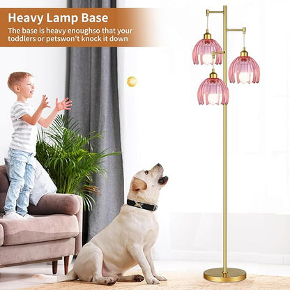 AHDWDW Gold Floor Lamp for Living Room Bedroom,3 Lights Vintage Tree Floor Lamps with Pink Glass Flower Shade,Mid Century Modern Floor Lamp for Corner Office,68IN Unique Tall Standing Lamp with Bulb