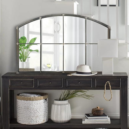 WAMIRRO Wide Window Pane Black Mirror,Farmhouse Arched Wall Mirror,Mantel Mirror for Fireplace/Entryway/Hallway/Living Room,42“X28” (Vintage Retro-Grey Wide)