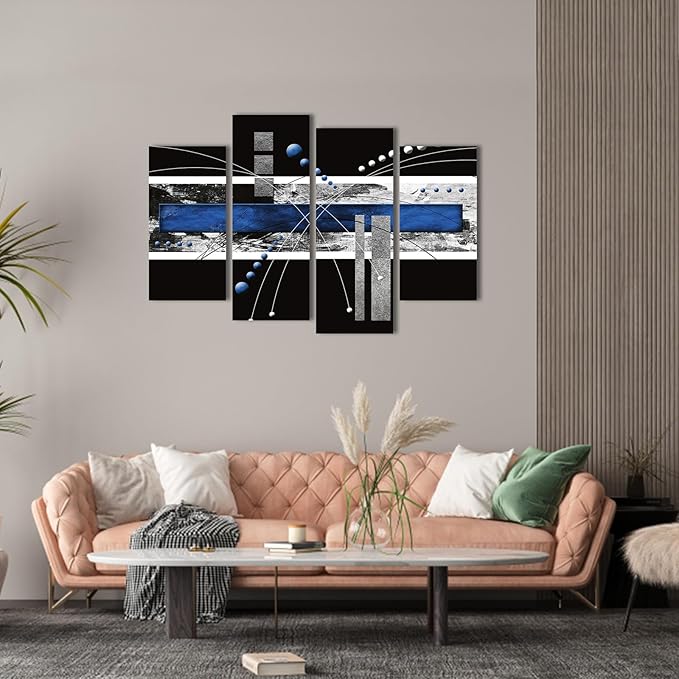 YPY Large Black Blue Canvas Wall Art - 4 Panels Modern Abstract Picture Set for Home Decoration - Contemporary Painting Artwork Ready to Hang Living Room Bedroom W48 x H36