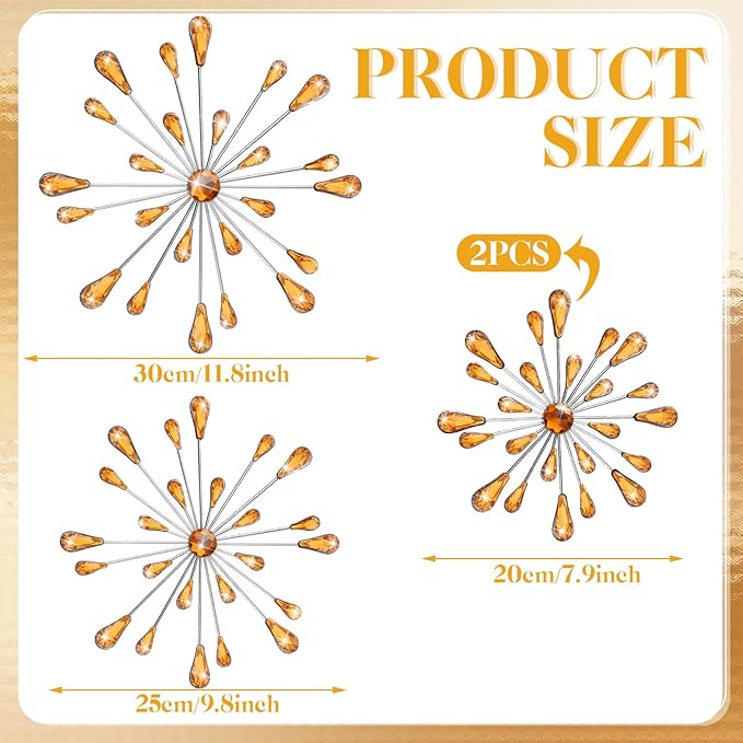 Hicarer 4 Pcs Starburst Wall Decor Bling Wall Art Crystal Teardrop 3D Hanging Rhinestone Radial Metal Artwork Modern Accent Sculptures Decorations for Living Room Home Office Bedroom(Amber)